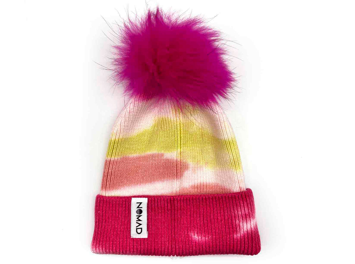 Pink and Yellow Tie-Die Bobble Beanie